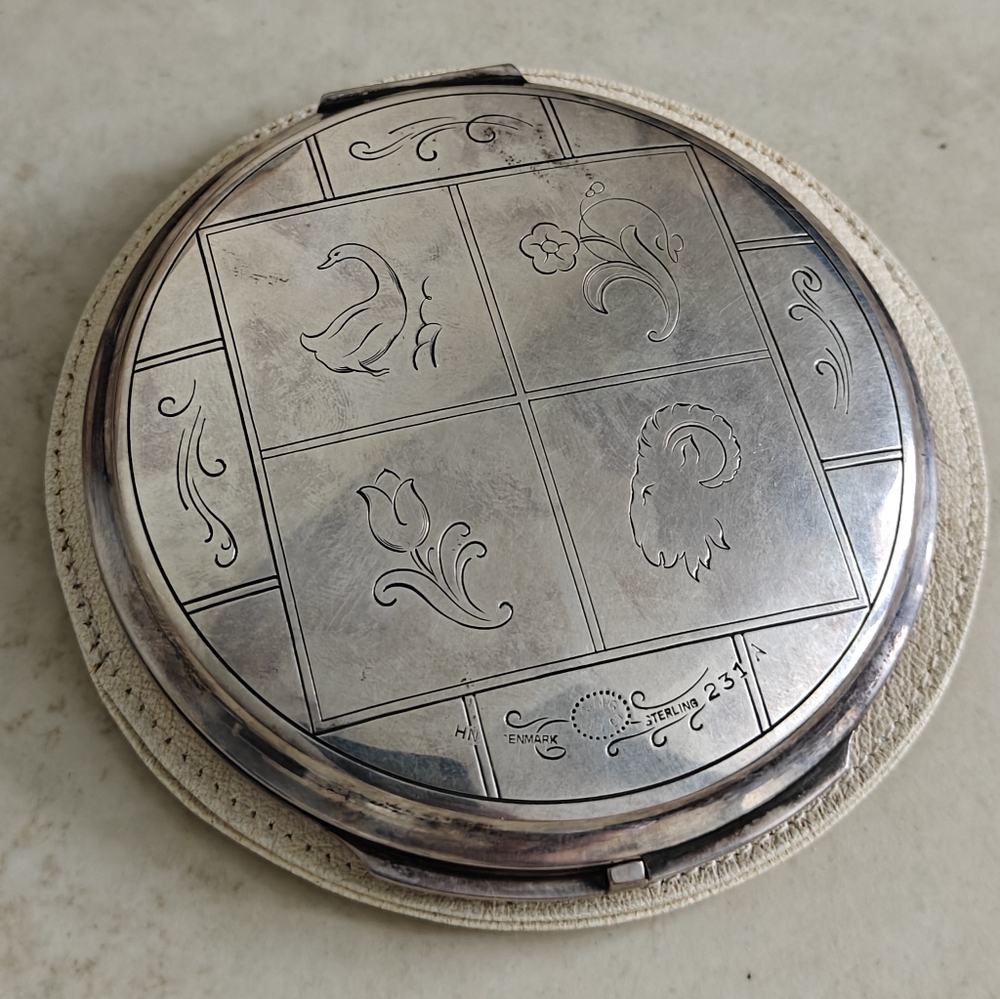 Rare Georg Jensen Sterling Silver Compact with Engraved Design Original Case